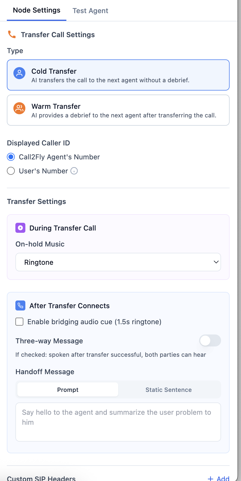 Call transfer node settings