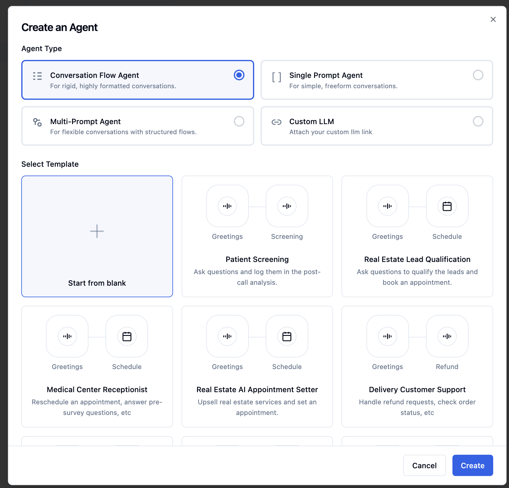 Create an agent modal in the dashboard